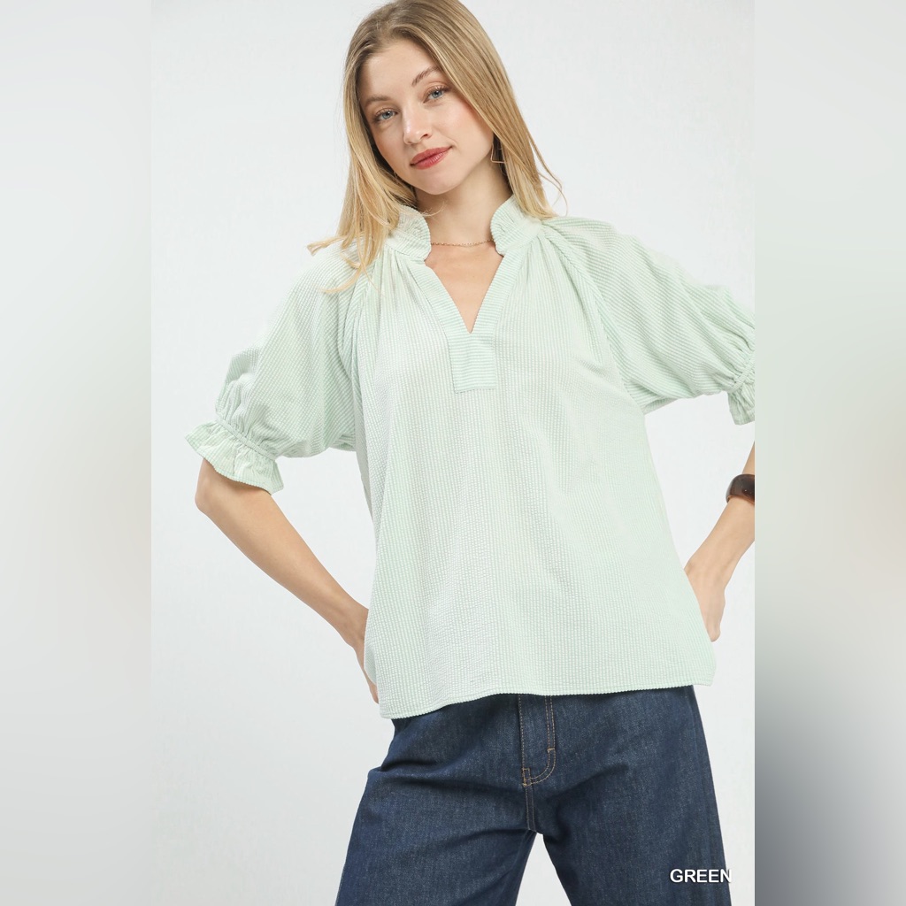Umgee Textured Ruffle Sleeve V-Neck Top